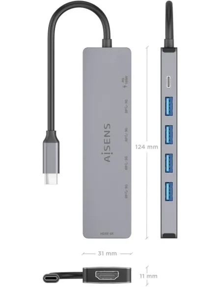 Dock USB-C 6 en 1 AISENS ASUC-6P047-GR | HDMI 4K a 60 Hz