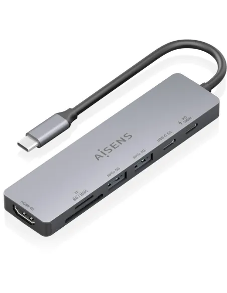 AISENS ASUC-7P048-GR USB-C Dock 7 en 1, USB-C a 1xHDMI, 2xUSB-A, 1xUSB-C, 1xUSB-C PD 100W, 1xSD, 1xMicro SD, Gris, 15cm