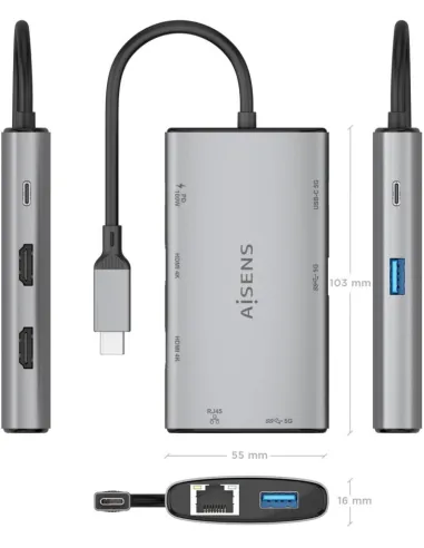 Dock USB-C Aisens ASUC-7P049-GR 7 en 1: 2xHDMI 4K y PD 100W