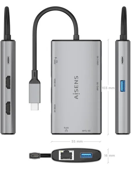 Dock USB-C Aisens ASUC-7P049-GR 7 en 1: 2xHDMI 4K y PD 100W