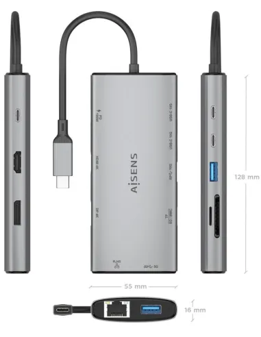 Dock USB-C Aisens ASUC-10P050-GR 10 en 1: doble vídeo 4K