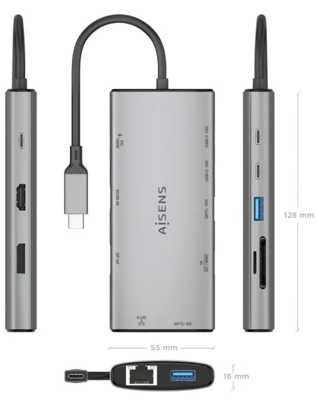 Dock USB-C Aisens ASUC-10P050-GR 10 en 1: doble vídeo 4K