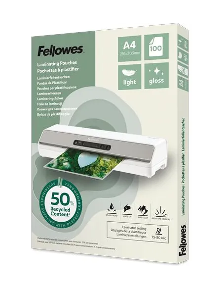Fellowes 100142987 Pack 100 Bolsa de Plástico Recicladas A3 de 80 Micras