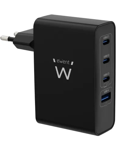 Ewent EW1336 Cargador Gan Fast 100W 4 Puertos (3 USB-C PD y 1 USB-A QC) Diseño compacto