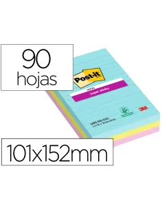 Bloc de notas adhesivas quita y pon post-it super sticky cosmic rayado 90 hojas 101x152 mm (paquete de 3 unidades)-1405274