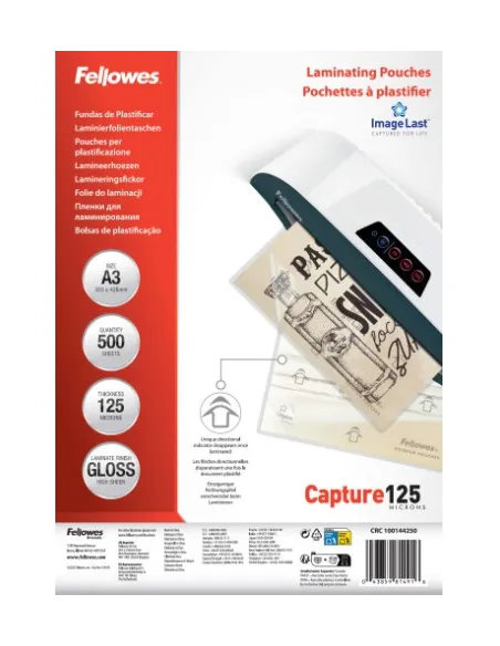 FELLOWES 100144250 Pack 500 Fundas para Plastificar 125 Micras A3