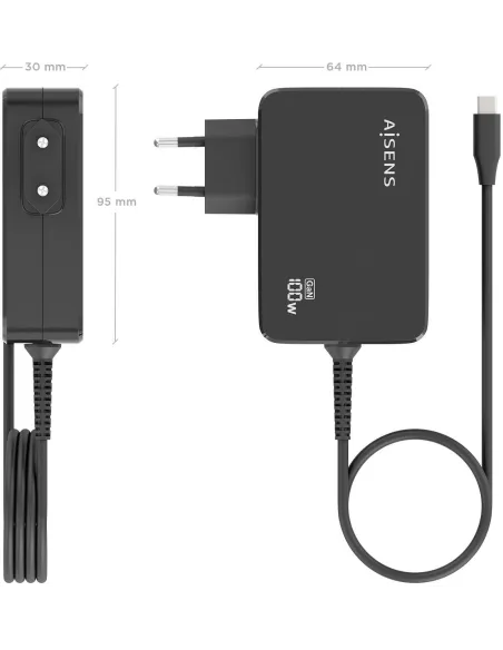 Cargador GaN AISENS 100W USB-C con cable de 1,8 m negro