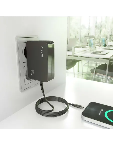 Cargador GaN AISENS 100W USB-C con cable de 1,8 m negro