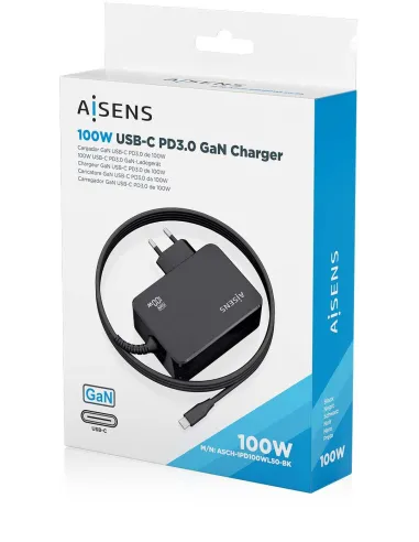 Cargador GaN AISENS 100W USB-C con cable de 1,8 m negro