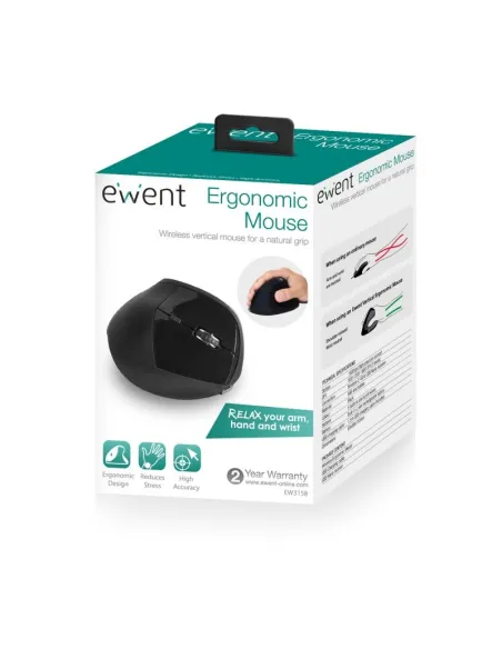 Ewent EW3158 Ratón Ergonómico Inalámbrico 1600 DPI Negro
